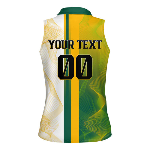 Personalized Australia Soccer Kangaroo Women Sleeveless Polo Shirt World Football Mascot Green Gold Abstract Wave