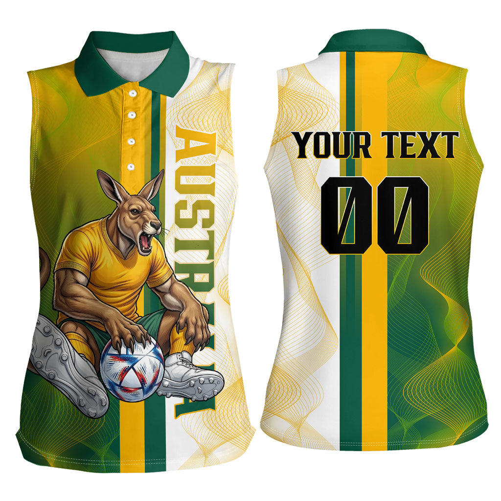 Personalized Australia Soccer Kangaroo Women Sleeveless Polo Shirt World Football Mascot Green Gold Abstract Wave