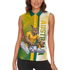 Personalized Australia Soccer Kangaroo Women Sleeveless Polo Shirt World Football Mascot Green Gold Abstract Wave