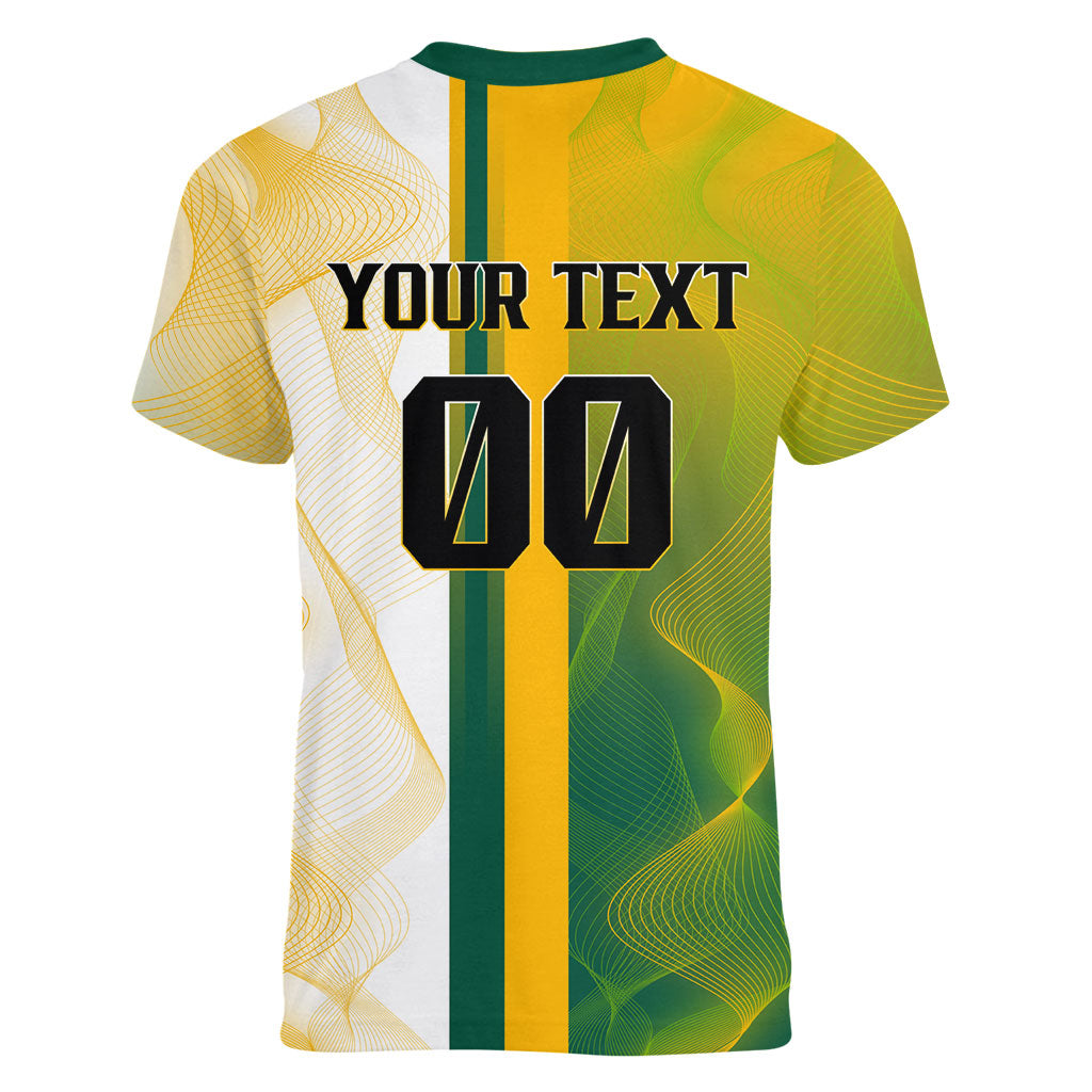 Personalized Australia Soccer Kangaroo Women V-Neck T-Shirt World Football Mascot Green Gold Abstract Wave