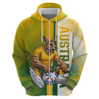 Personalized Australia Soccer Kangaroo Zip Hoodie World Football Mascot Green Gold Abstract Wave