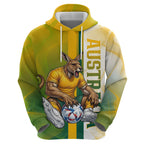 Personalized Australia Soccer Kangaroo Zip Hoodie World Football Mascot Green Gold Abstract Wave