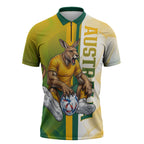 Personalized Australia Soccer Kangaroo Zipper Polo Shirt World Football Mascot Green Gold Abstract Wave
