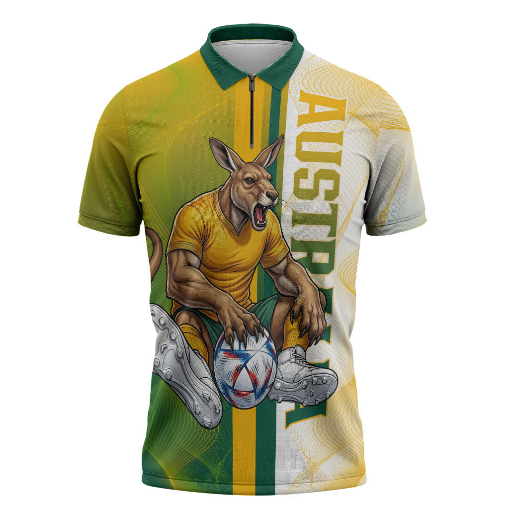 Personalized Australia Soccer Kangaroo Zipper Polo Shirt World Football Mascot Green Gold Abstract Wave