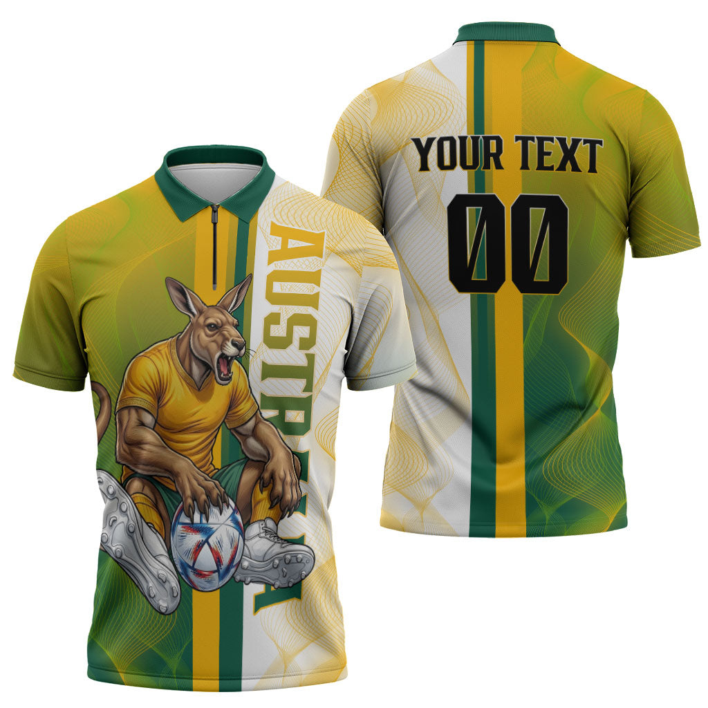 Personalized Australia Soccer Kangaroo Zipper Polo Shirt World Football Mascot Green Gold Abstract Wave