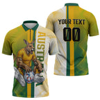 Personalized Australia Soccer Kangaroo Zipper Polo Shirt World Football Mascot Green Gold Abstract Wave