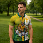 Personalized Australia Soccer Kangaroo Zipper Polo Shirt World Football Mascot Green Gold Abstract Wave