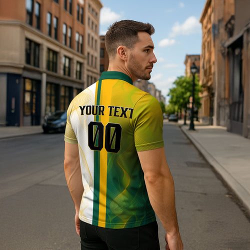 Personalized Australia Soccer Kangaroo Zipper Polo Shirt World Football Mascot Green Gold Abstract Wave
