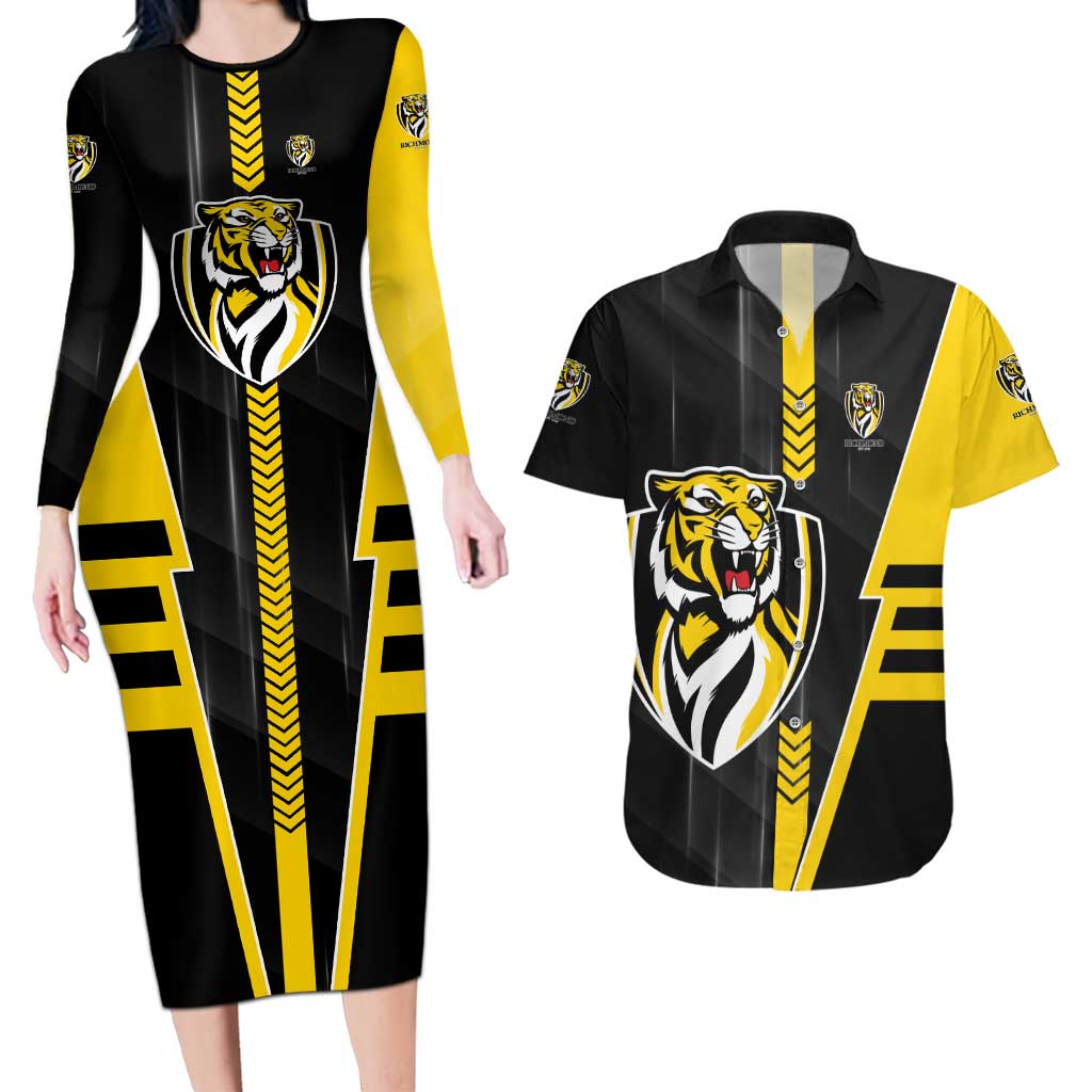 Personalized Richmond Tigers Couples Matching Long Sleeve Bodycon Dress and Hawaiian Shirt Modern Geometric Sports Graphic Style