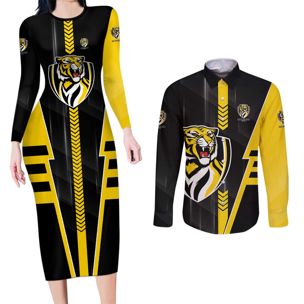 Personalized Richmond Tigers Couples Matching Long Sleeve Bodycon Dress and Long Sleeve Button Shirt Modern Geometric Sports Graphic Style