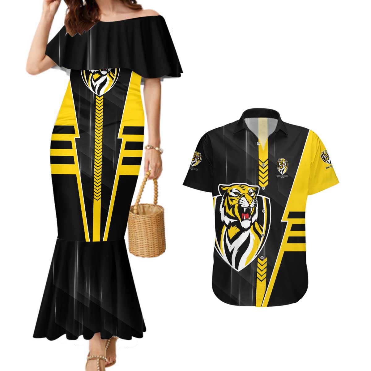 Personalized Richmond Tigers Couples Matching Mermaid Dress and Hawaiian Shirt Modern Geometric Sports Graphic Style