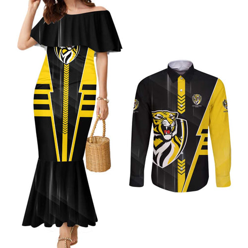 Personalized Richmond Tigers Couples Matching Mermaid Dress and Long Sleeve Button Shirt Modern Geometric Sports Graphic Style
