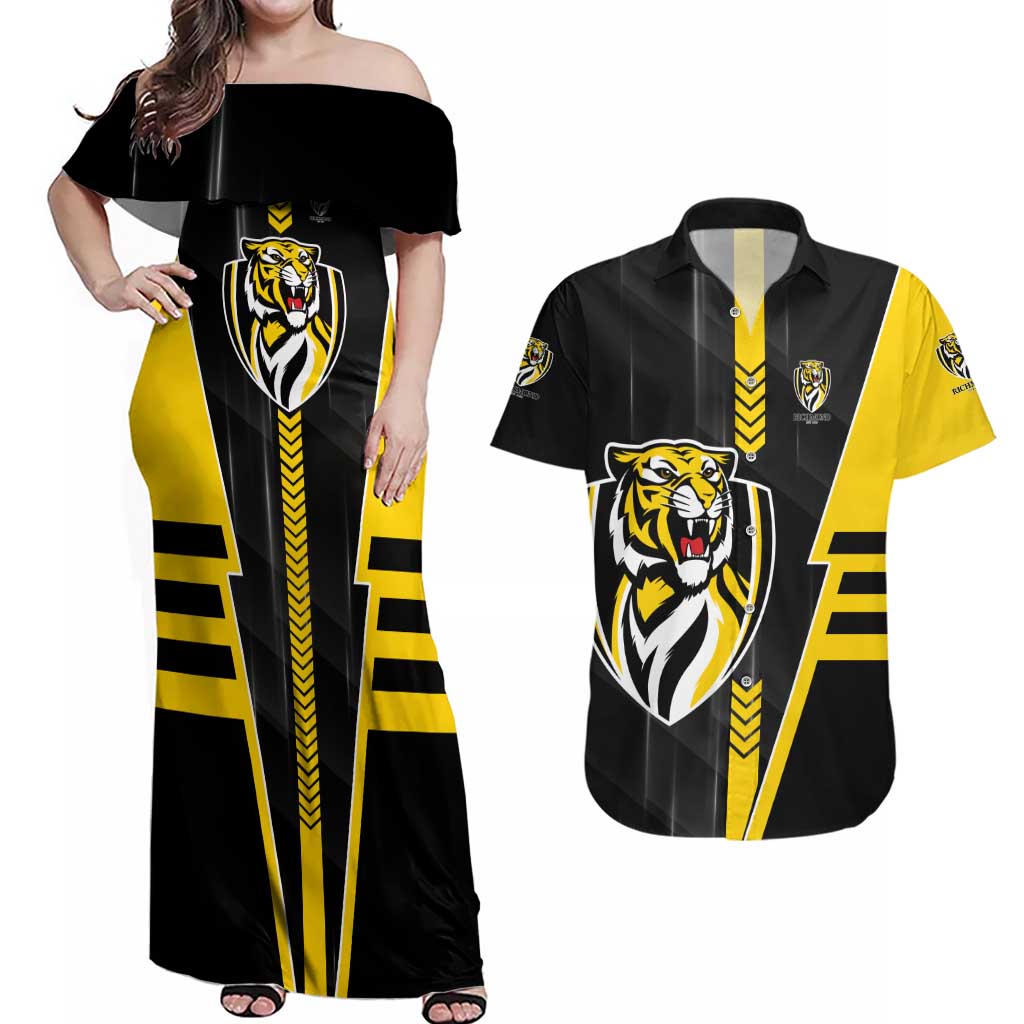 Personalized Richmond Tigers Couples Matching Off Shoulder Maxi Dress and Hawaiian Shirt Modern Geometric Sports Graphic Style