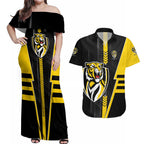Personalized Richmond Tigers Couples Matching Off Shoulder Maxi Dress and Hawaiian Shirt Modern Geometric Sports Graphic Style