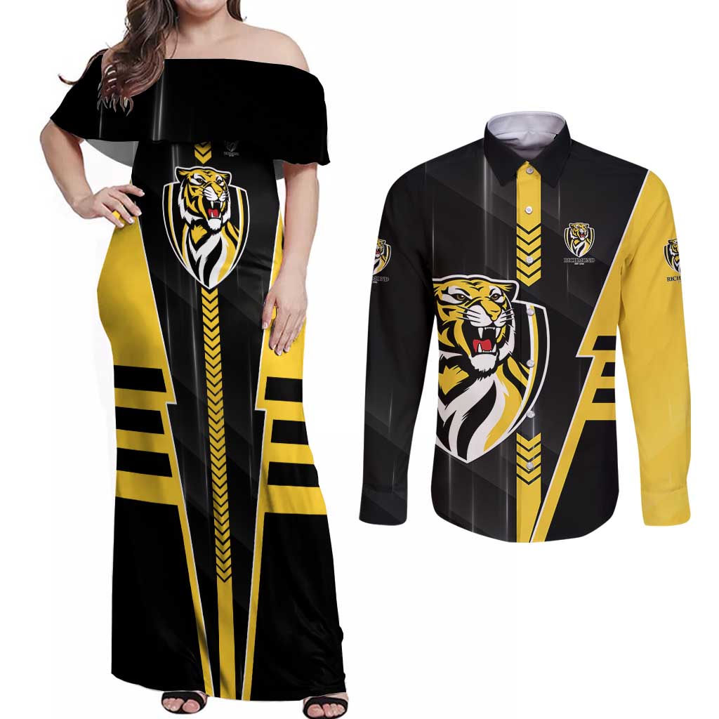 Personalized Richmond Tigers Couples Matching Off Shoulder Maxi Dress and Long Sleeve Button Shirt Modern Geometric Sports Graphic Style