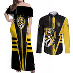 Personalized Richmond Tigers Couples Matching Off Shoulder Maxi Dress and Long Sleeve Button Shirt Modern Geometric Sports Graphic Style