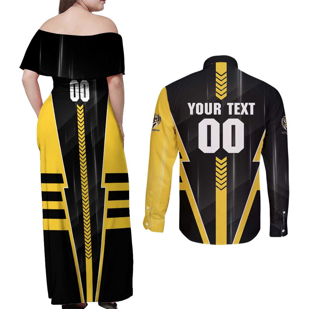 Personalized Richmond Tigers Couples Matching Off Shoulder Maxi Dress and Long Sleeve Button Shirt Modern Geometric Sports Graphic Style