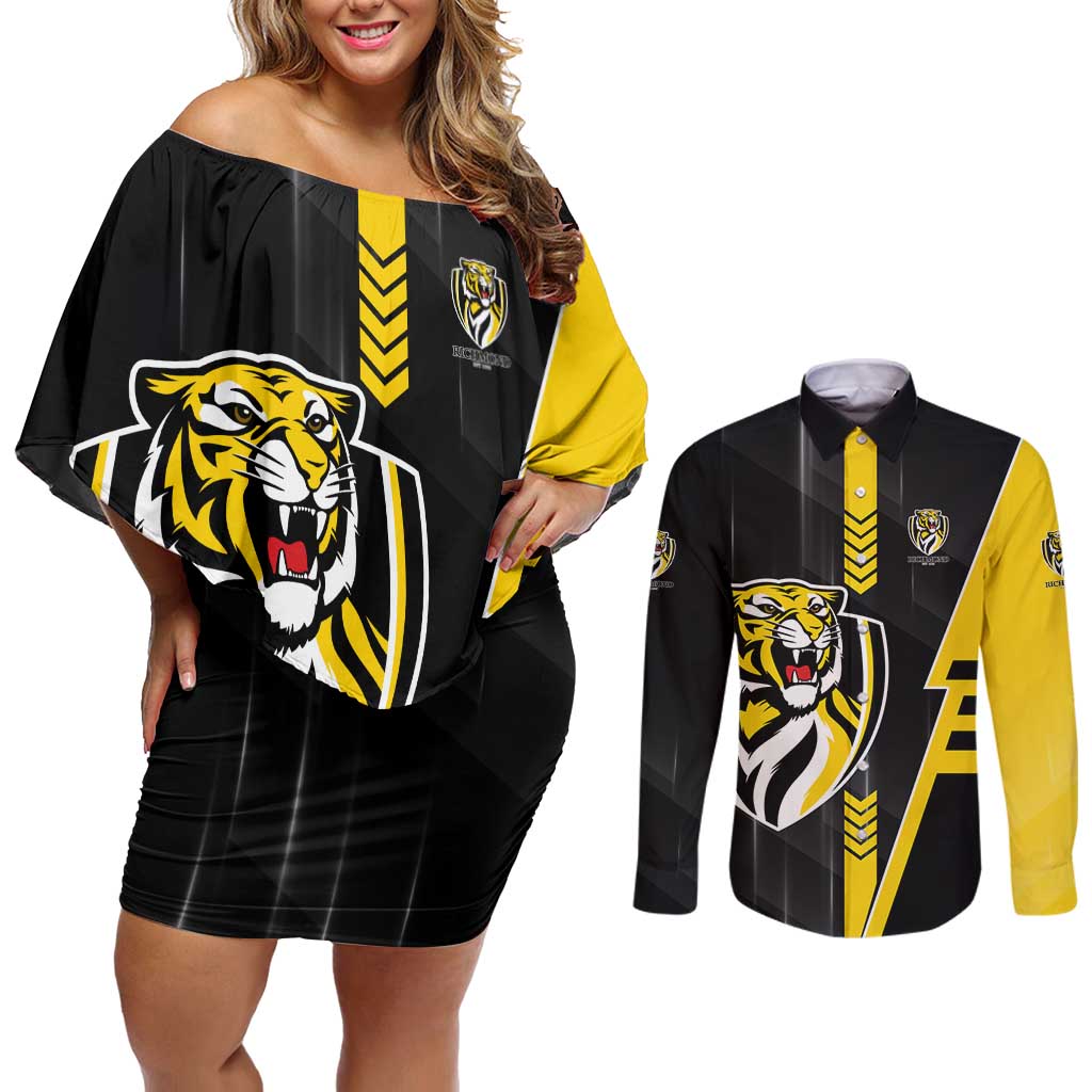 Personalized Richmond Tigers Couples Matching Off Shoulder Short Dress and Long Sleeve Button Shirt Modern Geometric Sports Graphic Style