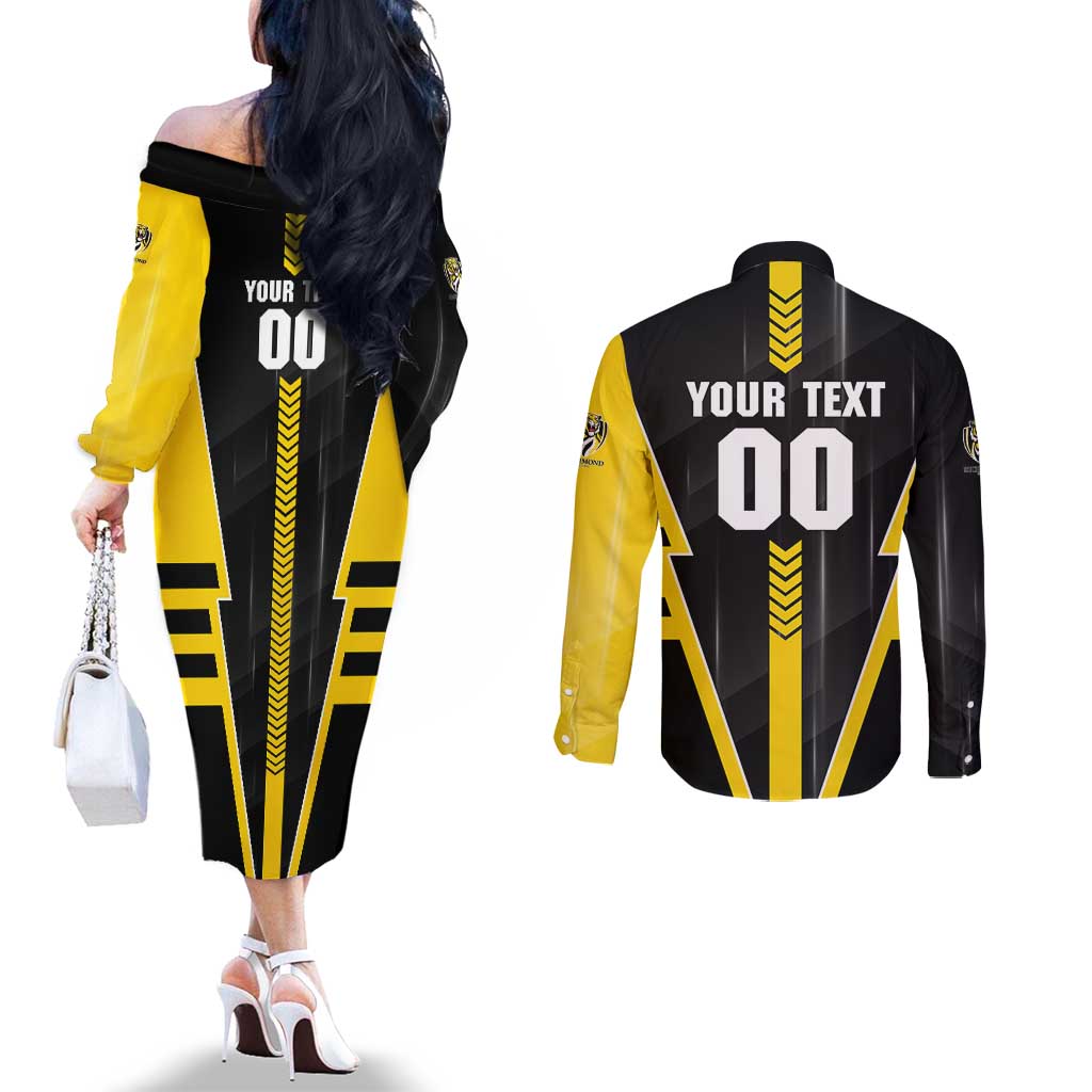 Personalized Richmond Tigers Couples Matching Off The Shoulder Long Sleeve Dress and Long Sleeve Button Shirt Modern Geometric Sports Graphic Style