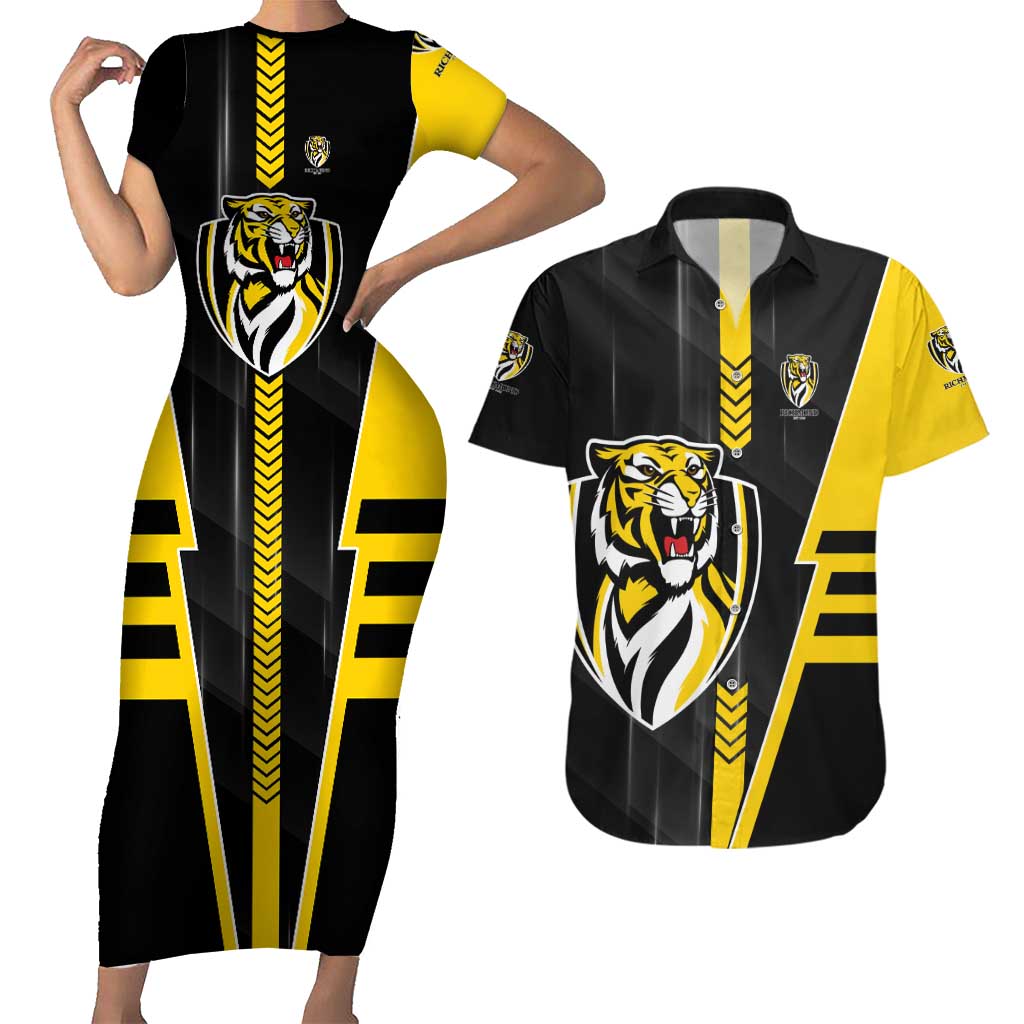 Personalized Richmond Tigers Couples Matching Short Sleeve Bodycon Dress and Hawaiian Shirt Modern Geometric Sports Graphic Style