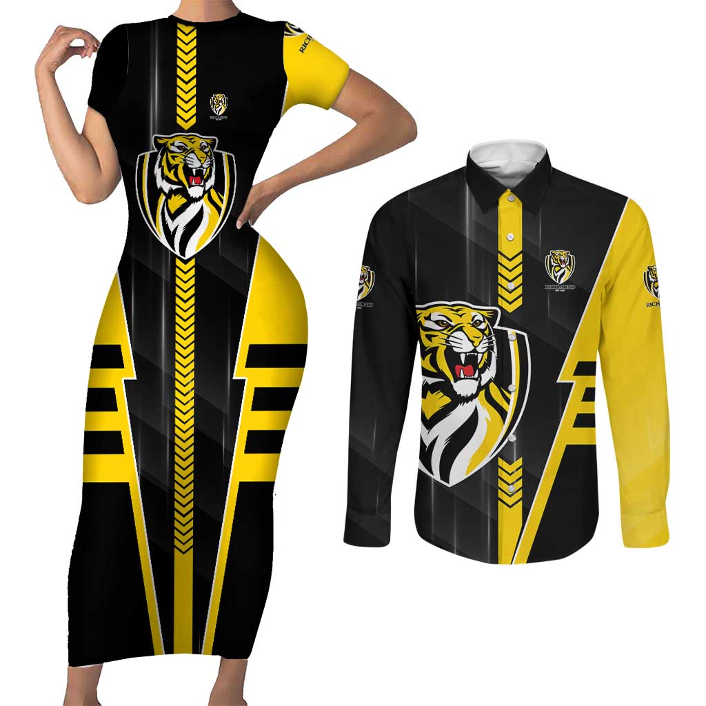 Personalized Richmond Tigers Couples Matching Short Sleeve Bodycon Dress and Long Sleeve Button Shirt Modern Geometric Sports Graphic Style