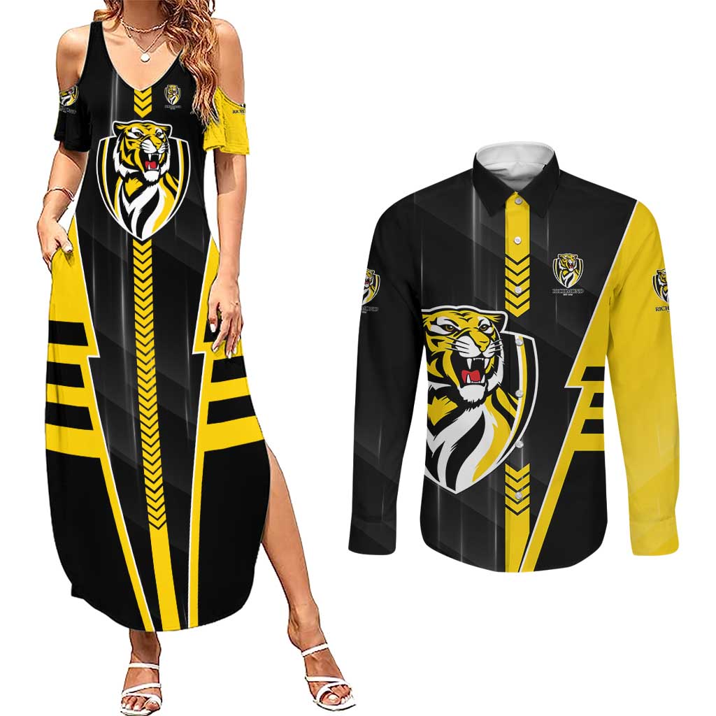 Personalized Richmond Tigers Couples Matching Summer Maxi Dress and Long Sleeve Button Shirt Modern Geometric Sports Graphic Style