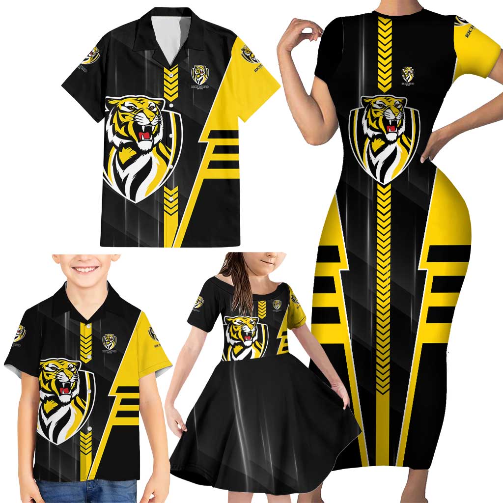 Personalized Richmond Tigers Family Matching Short Sleeve Bodycon Dress and Hawaiian Shirt Modern Geometric Sports Graphic Style