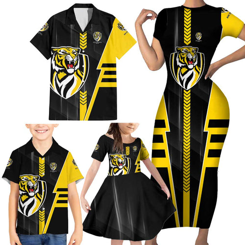 Personalized Richmond Tigers Family Matching Short Sleeve Bodycon Dress and Hawaiian Shirt Modern Geometric Sports Graphic Style