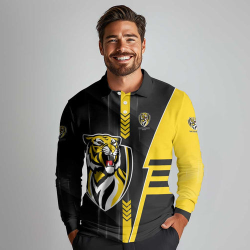 Personalized Richmond Tigers Long Sleeve Polo Shirt Modern Geometric Sports Graphic Style