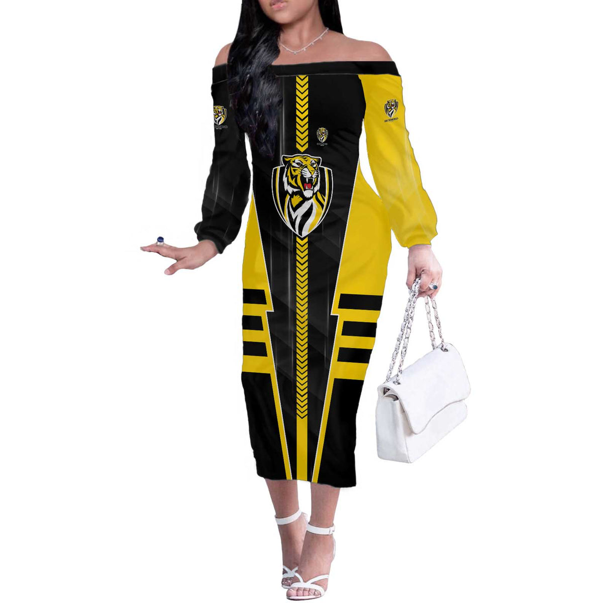 Personalized Richmond Tigers Off The Shoulder Long Sleeve Dress Modern Geometric Sports Graphic Style