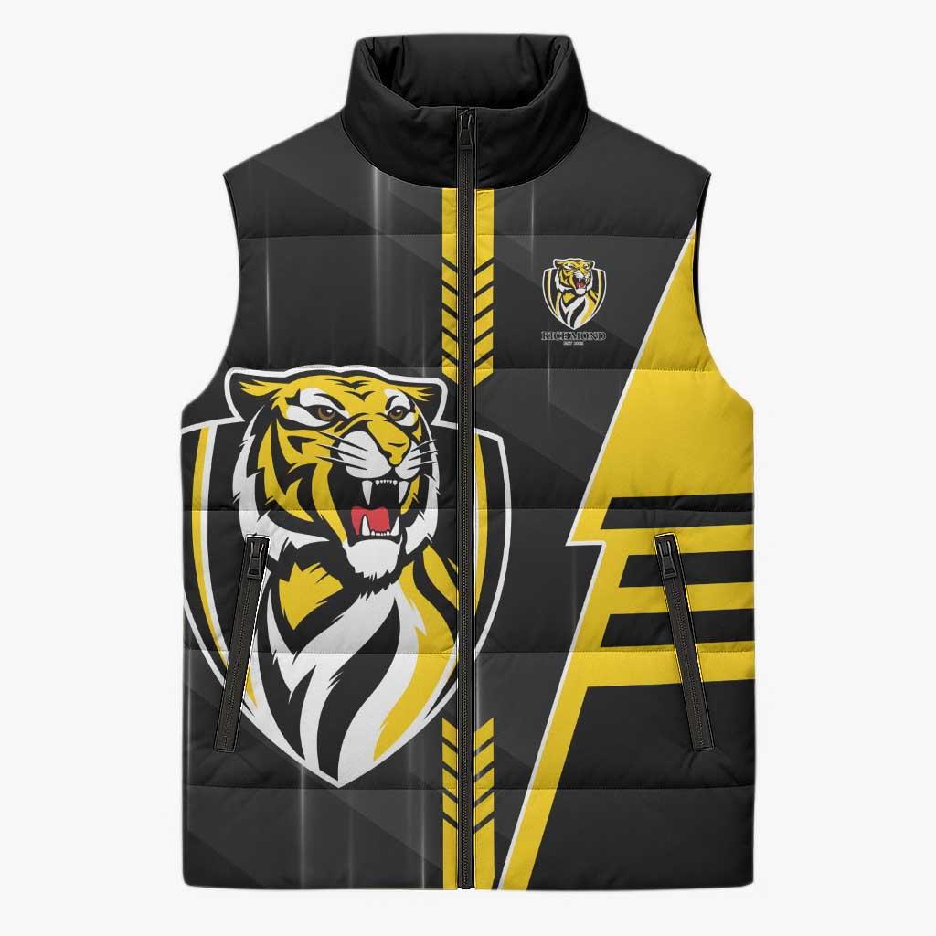 Personalized Richmond Tigers Sleeveless Puffer Jacket Modern Geometric Sports Graphic Style