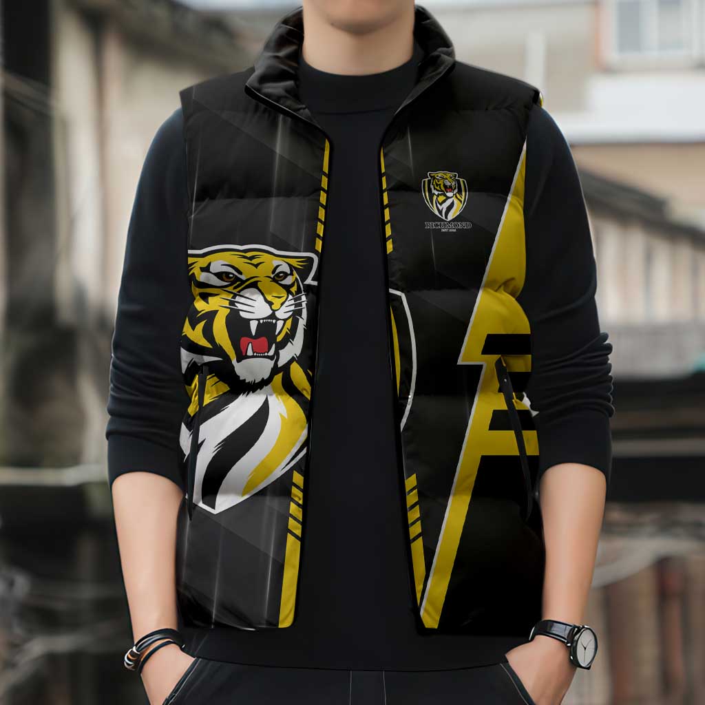 Personalized Richmond Tigers Sleeveless Puffer Jacket Modern Geometric Sports Graphic Style