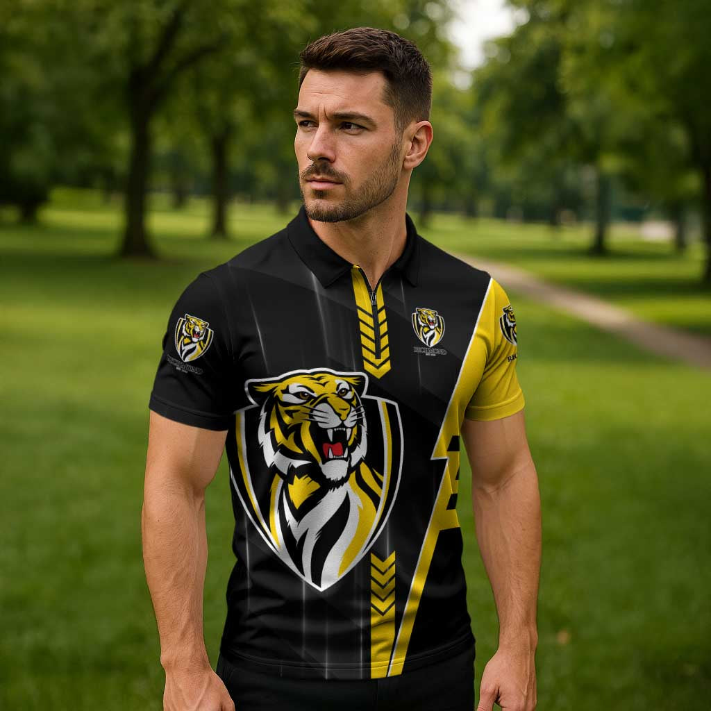 Personalized Richmond Tigers Zipper Polo Shirt Modern Geometric Sports Graphic Style