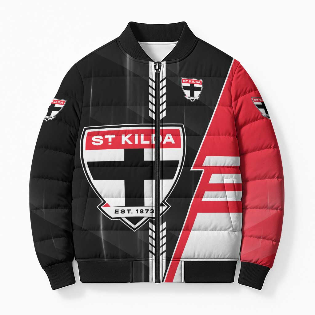 Personalized St Kilda Saints Bomber Puffer Jacket Modern Geometric Sports Graphic Style