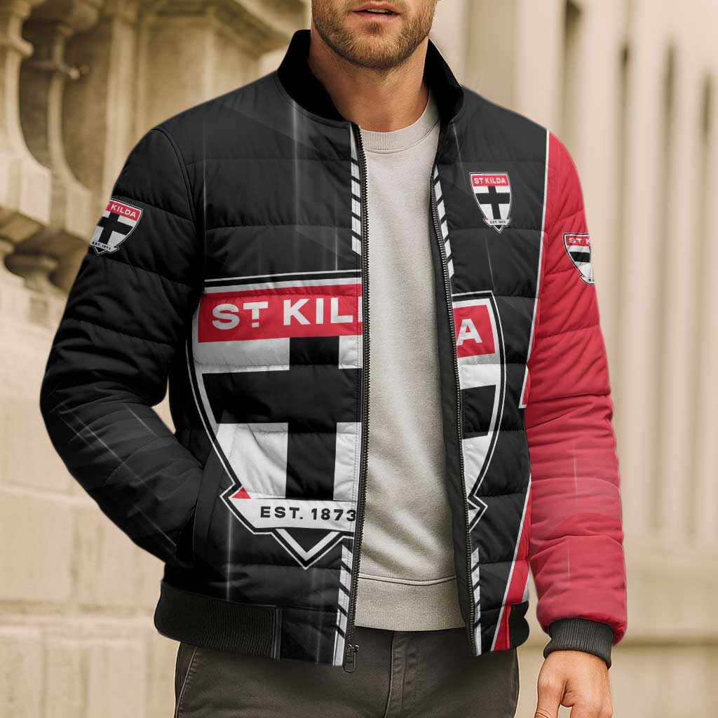 Personalized St Kilda Saints Bomber Puffer Jacket Modern Geometric Sports Graphic Style