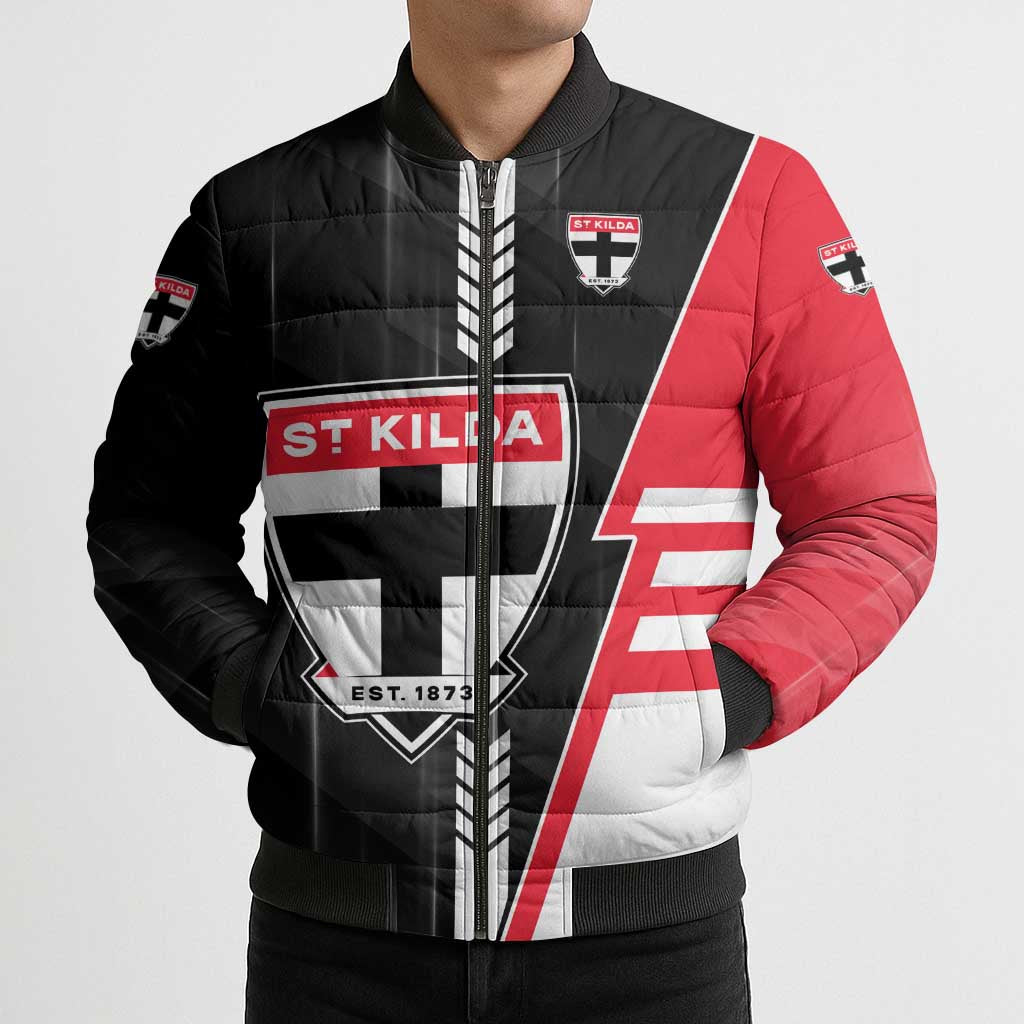 Personalized St Kilda Saints Bomber Puffer Jacket Modern Geometric Sports Graphic Style