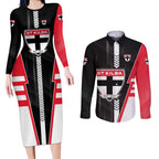 Personalized St Kilda Saints Couples Matching Long Sleeve Bodycon Dress and Long Sleeve Button Shirt Modern Geometric Sports Graphic Style