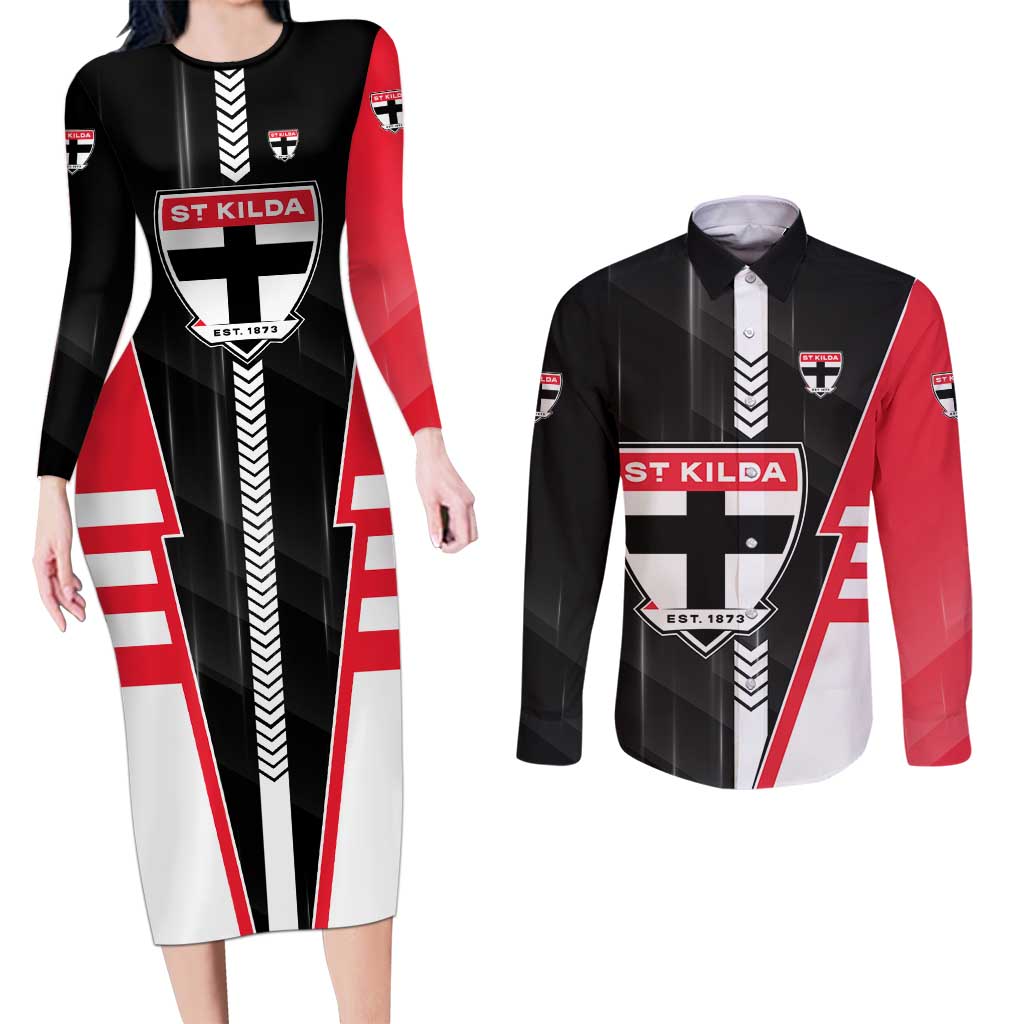 Personalized St Kilda Saints Couples Matching Long Sleeve Bodycon Dress and Long Sleeve Button Shirt Modern Geometric Sports Graphic Style