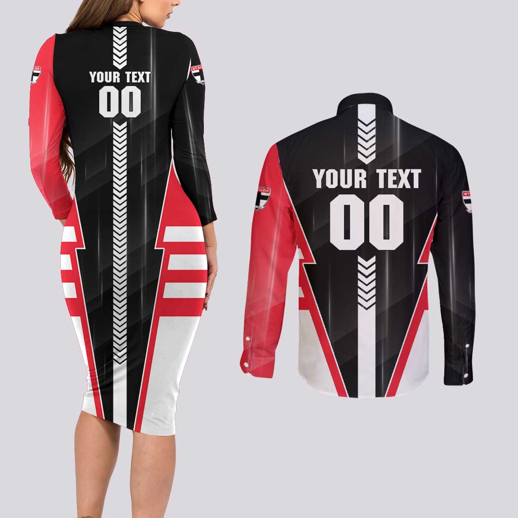 Personalized St Kilda Saints Couples Matching Long Sleeve Bodycon Dress and Long Sleeve Button Shirt Modern Geometric Sports Graphic Style