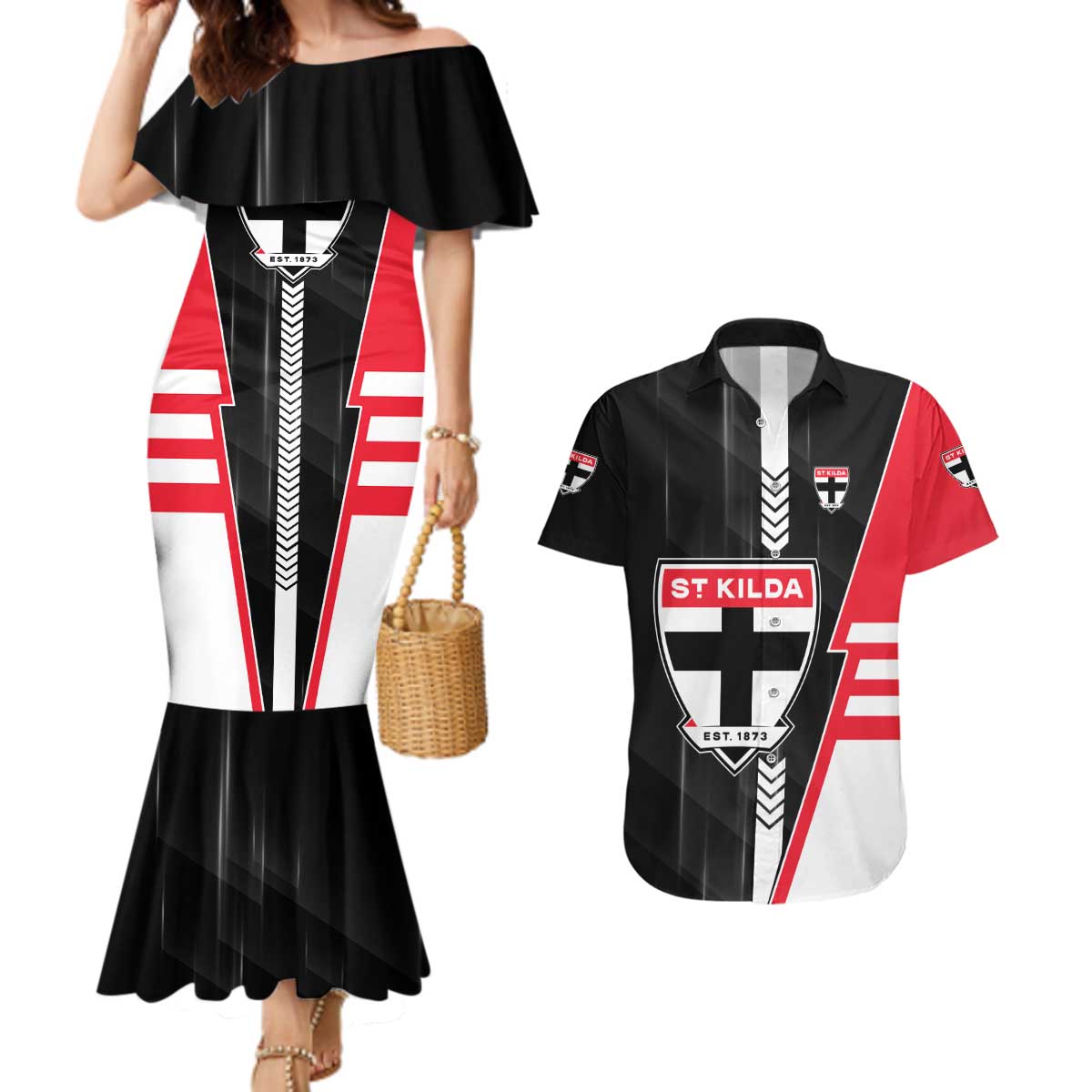 Personalized St Kilda Saints Couples Matching Mermaid Dress and Hawaiian Shirt Modern Geometric Sports Graphic Style