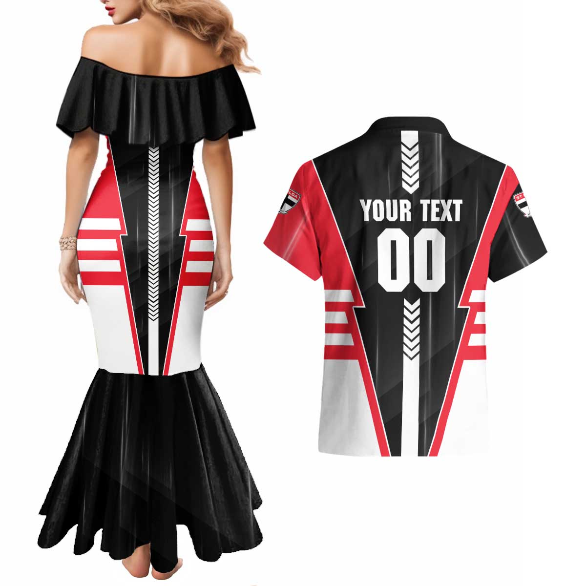 Personalized St Kilda Saints Couples Matching Mermaid Dress and Hawaiian Shirt Modern Geometric Sports Graphic Style
