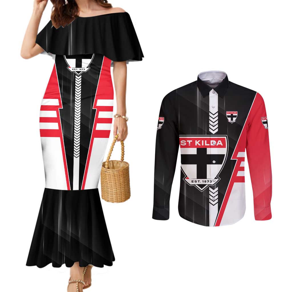Personalized St Kilda Saints Couples Matching Mermaid Dress and Long Sleeve Button Shirt Modern Geometric Sports Graphic Style
