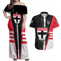 Personalized St Kilda Saints Couples Matching Off Shoulder Maxi Dress and Hawaiian Shirt Modern Geometric Sports Graphic Style