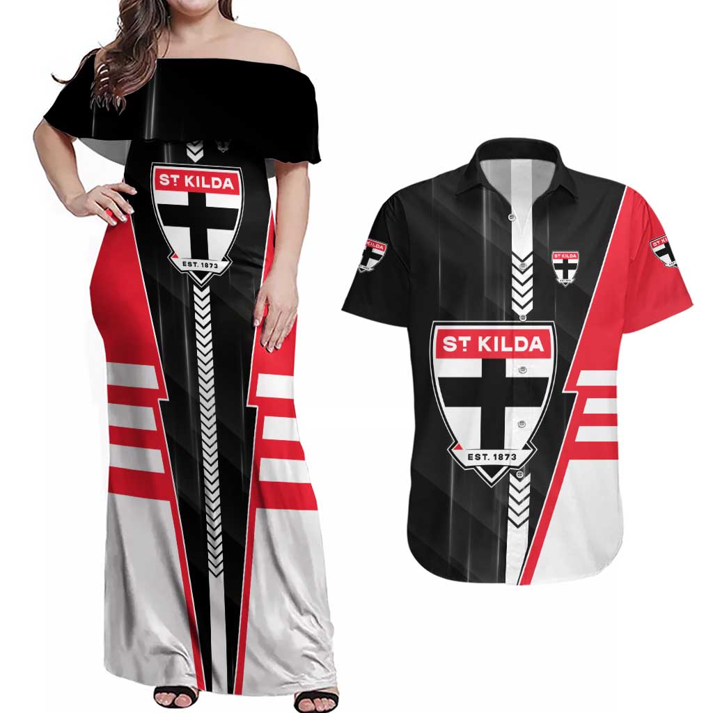 Personalized St Kilda Saints Couples Matching Off Shoulder Maxi Dress and Hawaiian Shirt Modern Geometric Sports Graphic Style