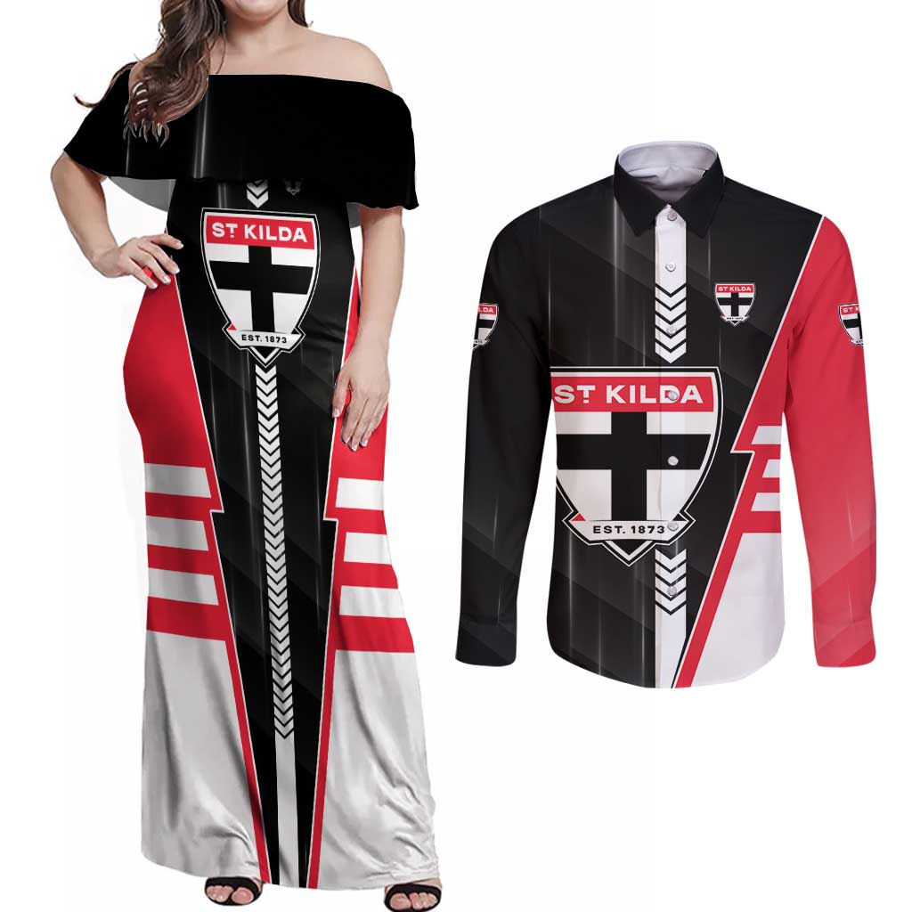 Personalized St Kilda Saints Couples Matching Off Shoulder Maxi Dress and Long Sleeve Button Shirt Modern Geometric Sports Graphic Style