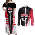 Personalized St Kilda Saints Couples Matching Off Shoulder Maxi Dress and Long Sleeve Button Shirt Modern Geometric Sports Graphic Style