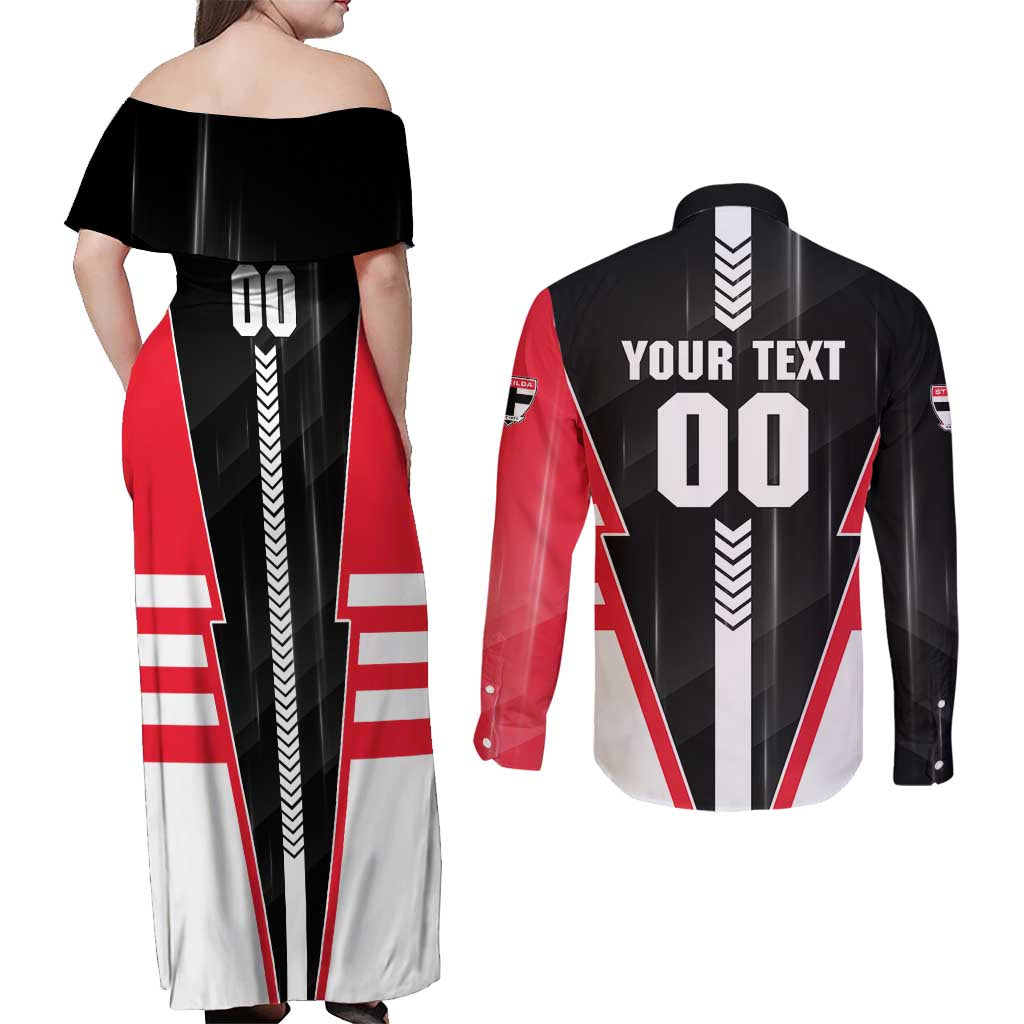 Personalized St Kilda Saints Couples Matching Off Shoulder Maxi Dress and Long Sleeve Button Shirt Modern Geometric Sports Graphic Style