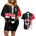 Personalized St Kilda Saints Couples Matching Off Shoulder Short Dress and Hawaiian Shirt Modern Geometric Sports Graphic Style