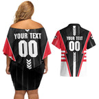 Personalized St Kilda Saints Couples Matching Off Shoulder Short Dress and Hawaiian Shirt Modern Geometric Sports Graphic Style