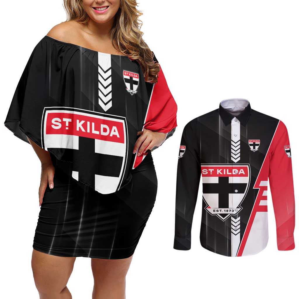 Personalized St Kilda Saints Couples Matching Off Shoulder Short Dress and Long Sleeve Button Shirt Modern Geometric Sports Graphic Style